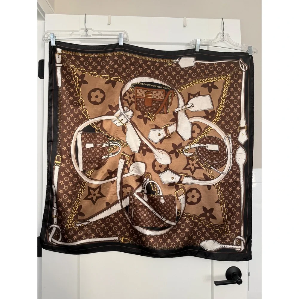 Designer Inspired Monogram Handbag Print Square Scarf Brown Tan Gold Chain